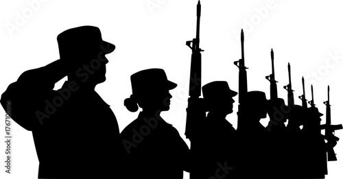Military Silhouette Soldiers Saluting with Rifles and Uniforms, Male and Female Army Personnel, Vector Illustration of Armed Forces Standing in Respect.