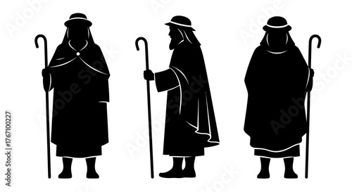 Three distinct black silhouettes depict ancient shepherds in traditional robes, each holding a staff, representing historical and spiritual figures.
