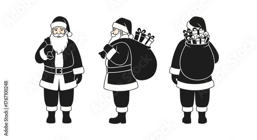 A cheerful Santa Claus character, depicted in three distinct black and white views, ready to deliver a sack overflowing with festive presents for the holiday season.