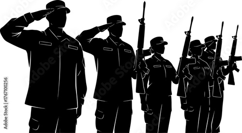 Military Silhouette Soldiers Saluting with Rifles and Uniforms, Male and Female Army Personnel, Vector Illustration of Armed Forces Standing in Respect.