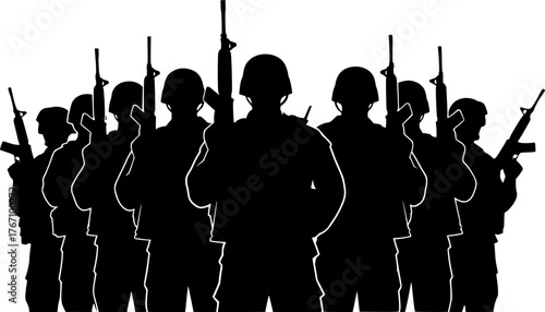Black and white silhouette of armed soldiers standing on hill, military team with rifles, army patrol vector illustration background