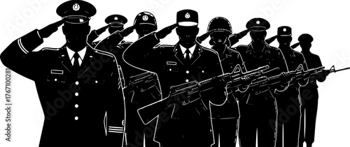 Military Silhouette Soldiers Saluting with Rifles and Uniforms, Male and Female Army Personnel, Vector Illustration of Armed Forces Standing in Respect.
