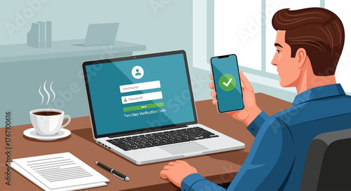 Corporate business vector illustration of employee using two-step verification system. Office workspace with laptop login screen and smartphone showing