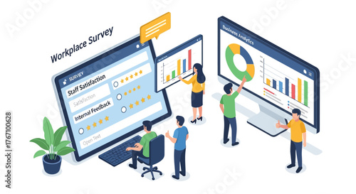  illustration of workplace survey, staff satisfaction, and internal feedback process with digital form and business analytics