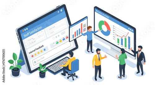  illustration of workplace survey, staff satisfaction, and internal feedback process with digital form and business analytics