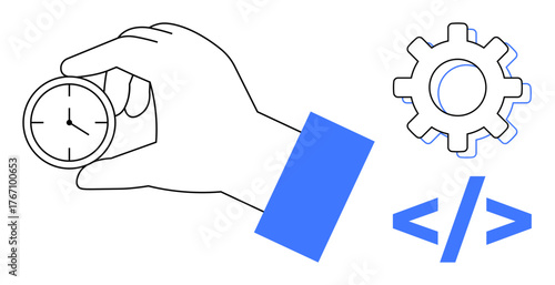 Hand holding a clock, gear symbol, and coding brackets highlight time tracking, technical efficiency, and software productivity. Ideal for tech, development, innovation, management strategy