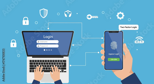 Vector illustration of authentication process. User logging in on a laptop and confirming access on a smartphone.