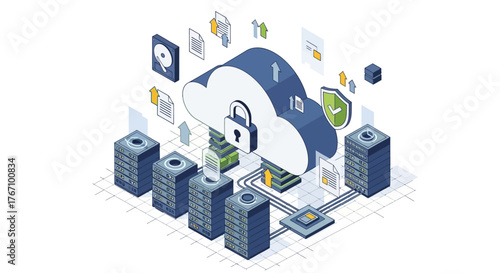 Vector illustration of secure cloud storage, digital data backup, and online server connection. Flat isometric design with modern technology