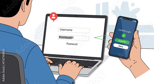 Vector illustration of authentication process. User logging in on a laptop and confirming access on a smartphone.
