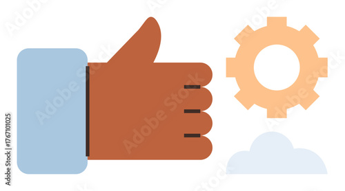 Thumbs up hand gesture near a gear and cloud, representing collaboration, success, efficiency, and innovation. Ideal for teamwork, technology, approval, progress adaptability strategy metaphors