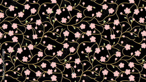 seamless floral pattern featuring soft pink cherry blossoms and golden vines