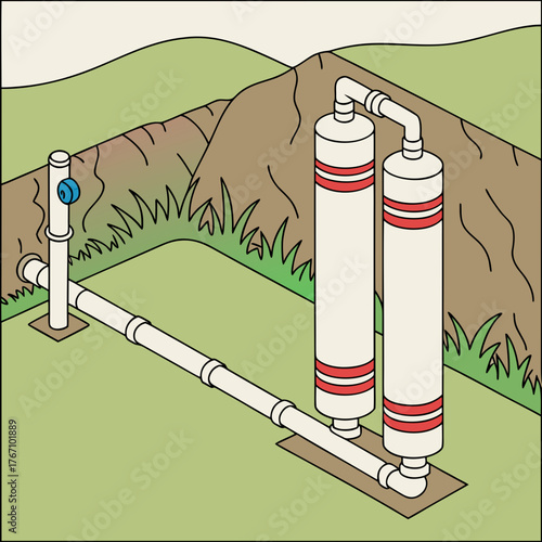 Schematic of a compressed air system with pipes in nature