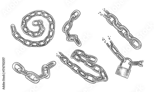 Sketches of chain links and lock. Set of isolated hand drawn icons of broken metal chain with padlock or locker. Prison or guard, bike bond. Connect and metal, connection element and guard equipment