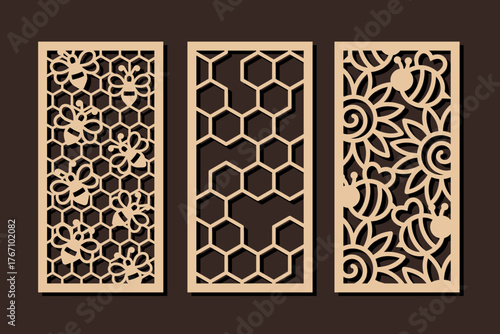 Laser cut decorative vertical panels with bee and honeycomb pattern. Vector design for home interior decor, privacy screen, wall art, room dividers. Template for cnc, plasma and plotter cutting