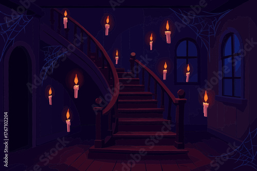 Vector of haunted house interior with floating candles, cobwebs, and creaky staircase