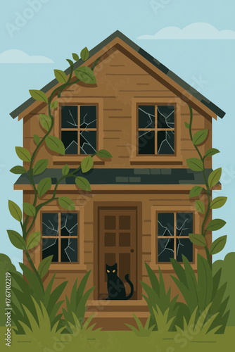 Flat vector of abandoned house with broken windows, overgrown vines, and black cat