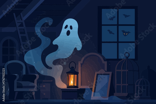 Flat vector of haunted attic with dusty furniture, ghostly mist, and flickering lantern