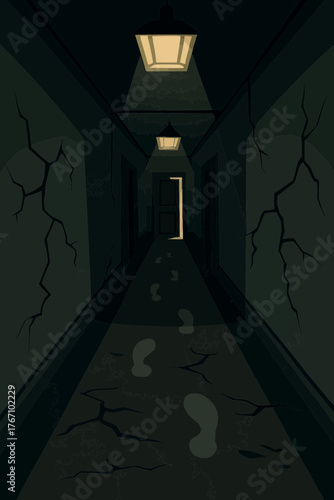 Vector of haunted hallway with cracked walls, flickering lights, and ghostly footprints