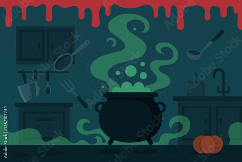 Flat vector of haunted kitchen with bubbling cauldron, flying utensils, and green mist