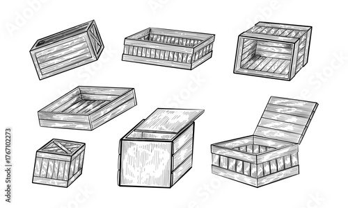 Set of isolated opened and closed wooden box. Sketch of wood crate or hand drawn drawer. Realistic element for shipping and delivery. Isolated object for cargo storage. Shipping container and parcel