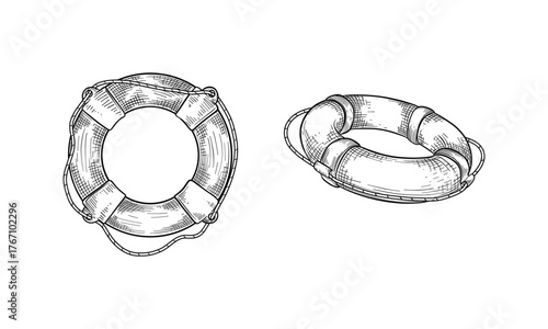 Sketch of lifebuoy or vector illustration of rubber swimming ring. Vintage lifesaver for sea, river, ocean, lake. Hand drawn safety or rescue belt for beach or pool. Float protection item. Water, swim