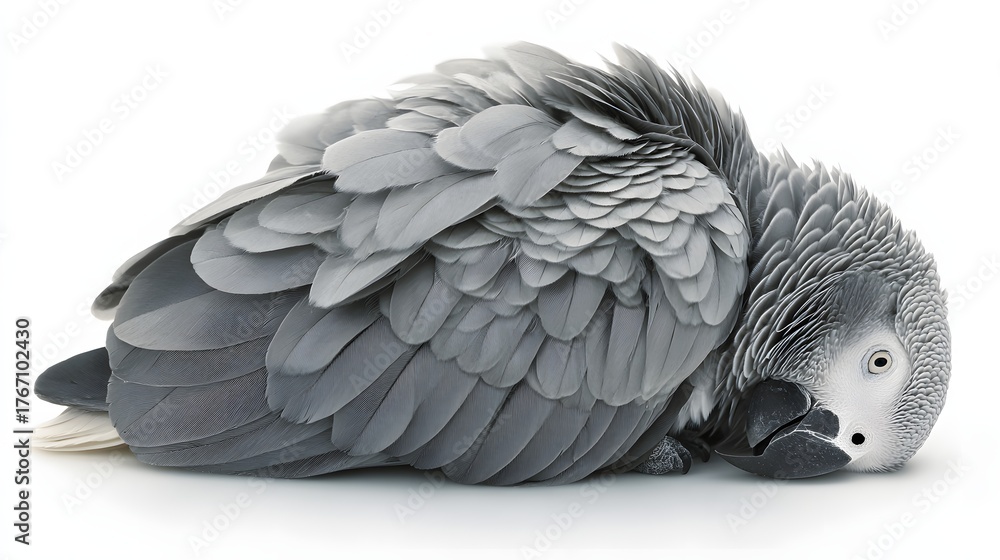 Fototapeta premium Intelligent gray parrot resting on a pure white surface with head tilted curiously
