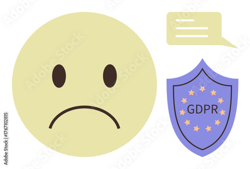 Sad facial expression with a speech bubble alongside a GDPR-protected shield. Ideal for privacy concerns, compliance, user feedback, data security, concerns, regulation, and online protections