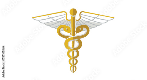 Golden Caduceus symbol with elegant wings and snakes on white, a timeless emblem for medicine, health, and professional Healthcare services