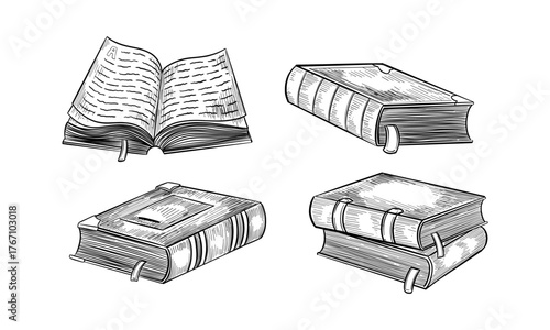 Set of isolated vintage books. Open and closed hardcover literature. Old hand drawn poetry on paper. Retro sketch of dictionary, textbook or scrapbook. Education and learning tome.