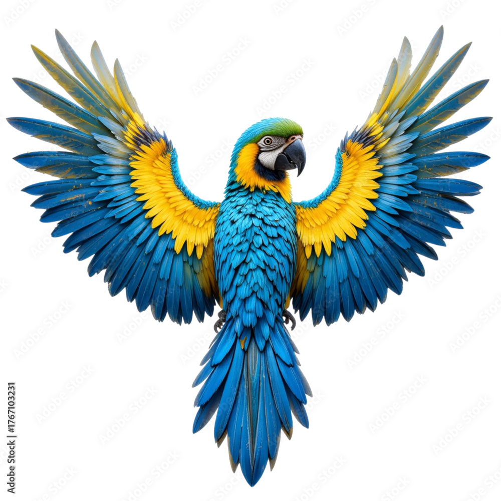 Fototapeta premium Stunning vibrant macaw spreading wings in flight, showcasing vivid blue and yellow plumage, perfect for wildlife enthusiasts and exotic bird lovers
