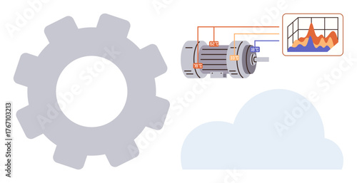 Gear alongside motor with wiring diagram and data graph representing analytics, cloud application, efficiency. Ideal for manufacturing, IoT, cloud computing, engineering, maintenance, analytics