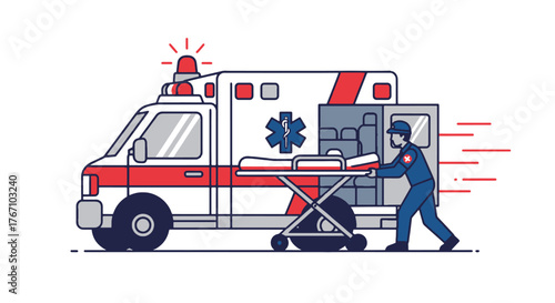 Emergency healthcare services illustration Dedicated EMT rapidly deploys a stretcher from an ambulance for urgent medical transport