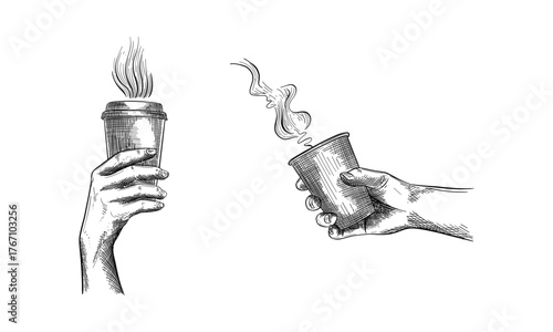 Set of Hand holding a cup of coffee. Ink black and white drawing