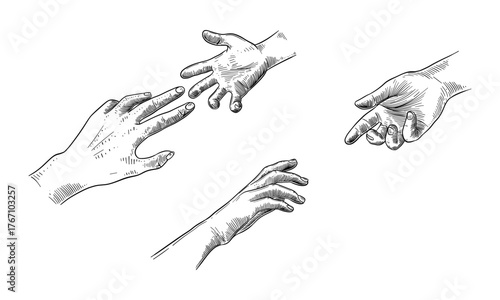 Hand drawn Two hands reach towards each other. Support and helping hand concept. Vector illustration