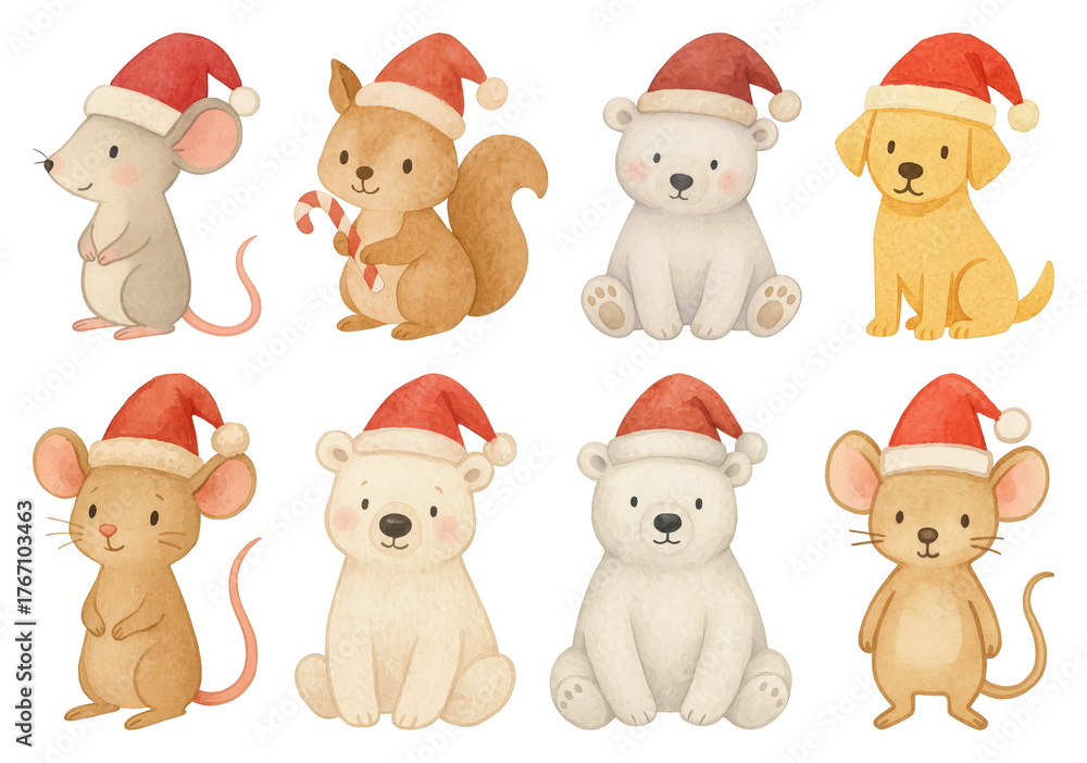 Obraz premium PNG Cute animals wearing Santa hats, element set on transparent background