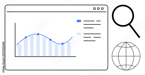Analytical graph in browser window, magnifying glass, globe icon emphasizing research, analytics, global trends. Ideal for business, analytics, marketing, statistics search engines technology