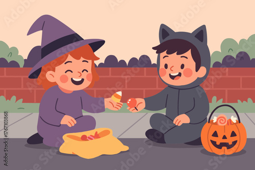Flat vector of kids trading candy on sidewalk with costumes and happy expressions