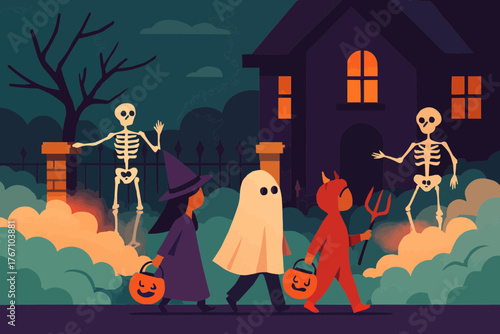 Flat vector of trick-or-treaters walking past spooky yard with skeletons and fog machines