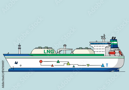 A stylized illustration of an LNG carrier undergoing a system check. Clean lines, bright colors, and a modern design make this vector graphic ideal for business and technology visuals.