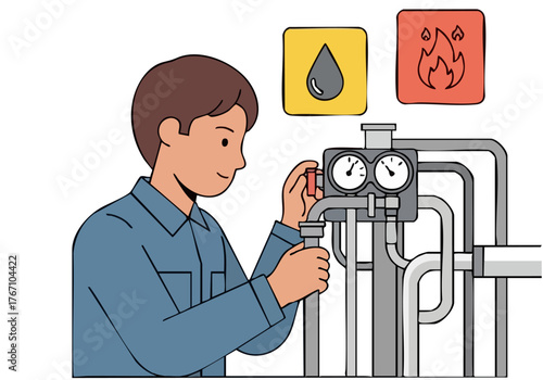 A technician adjusts fuel levels at a complex industrial control panel. A droplet and flame icon highlight the adjustment. Clean, modern illustration.