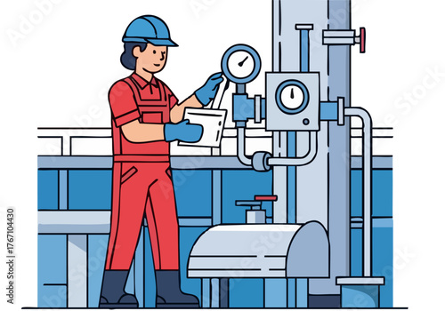 A female technician adjusts methanol levels at an industrial pipe, focused on precision and monitoring. Clean, modern illustration.