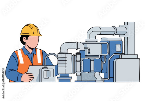 A technician inspects a methanol production unit, utilizing a tablet. Clear, professional illustration with a focus on industrial equipment and a worker.