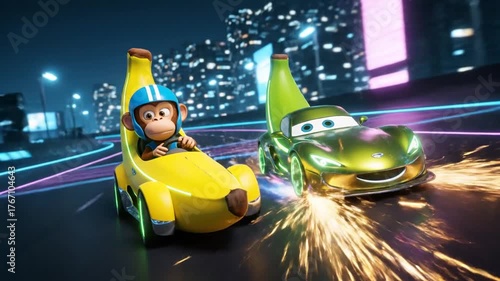 cartoon monkey banana race car driver on futuristic track