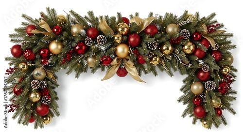 A lush, arching Christmas garland of pine needles, richly decorated with glistening red and gold ornaments, pinecones, red berries, and sparkling gold ribbon bows on a white background.