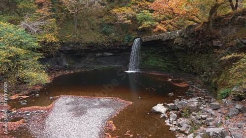 Scenic Welsh waterfall cascading into a dark pool with autumn leaves and colors