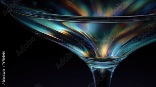 Holographic cocktail glass with glowing iridescent liquid and radiant neon reflections for nightlife entertainment, luxury bar branding and premium lifestyle concept beverage photography