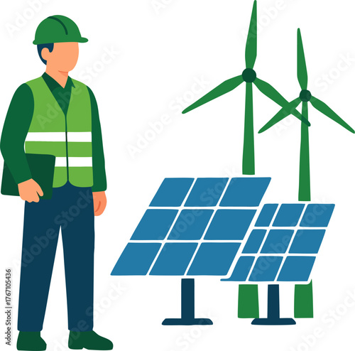 Engineer overseeing renewable energy projects with solar panels and wind turbines for sustainable future
