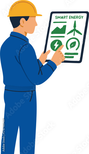 Engineer analyzing smart energy data on tablet for sustainable solutions and eco-friendly power