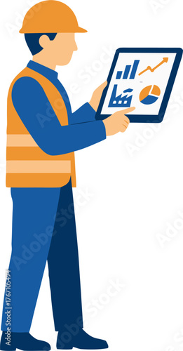 Construction worker analyzing project data on tablet for efficient project management, safety first