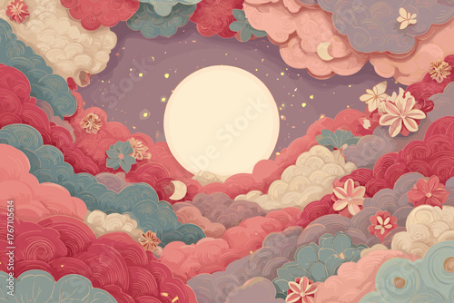 The Garden Beneath the Pink Moon – Modern Korean Cloud & Blossom Art